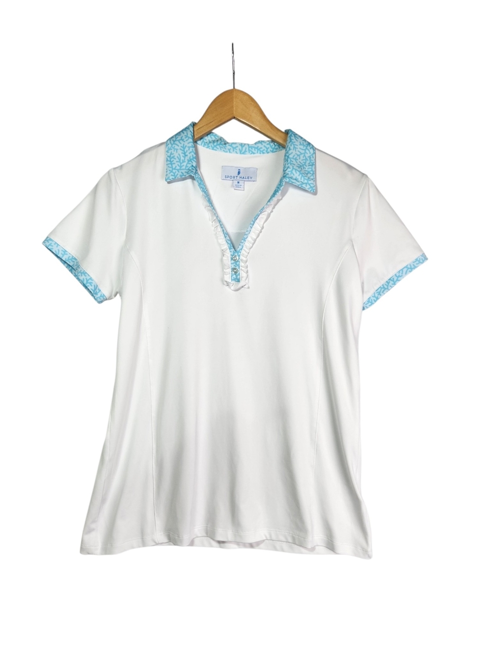 Sport Haley Golf Polo Shirt Womens Medium White Aqua Coral Trim Ruffle Stretch - Picture 3 of 12